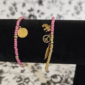 Pink and Gold Beaded Charm Bracelet Set Wg5